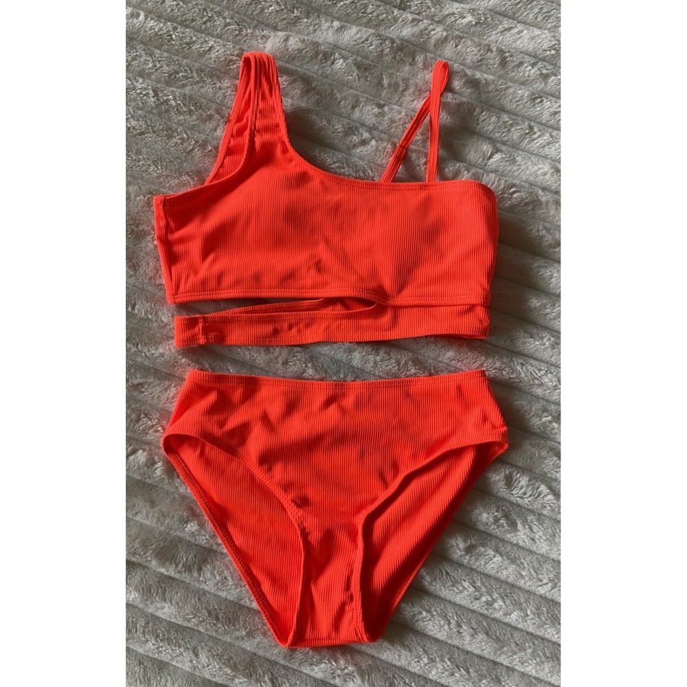 Girls Neon Orange Ribbed Asymmetrical One Shoulder Bikini Swimsuit Set Size 10Y